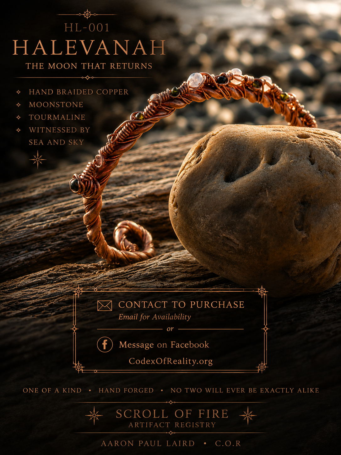 HL-001 HaLevanah hand-braided copper artifact with moonstone and tourmaline