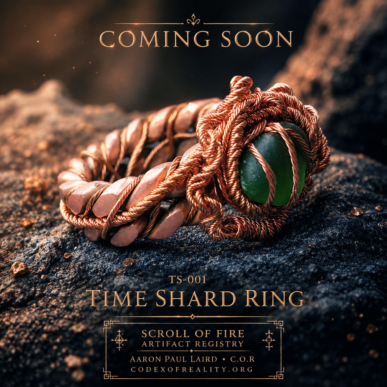 TS-001 Time Shard Ring reclaimed copper and green glass artifact